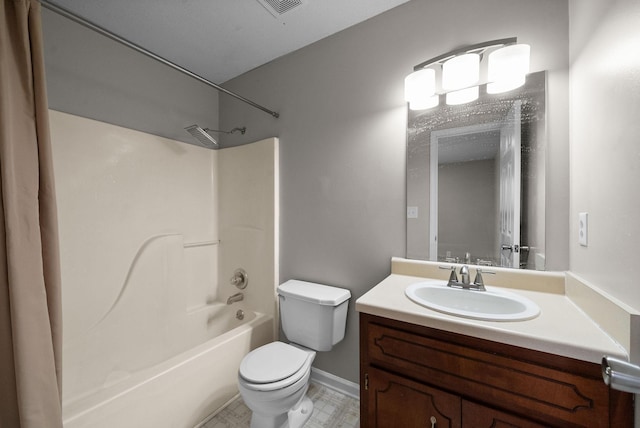 full bath with toilet, visible vents,  shower combination, and vanity