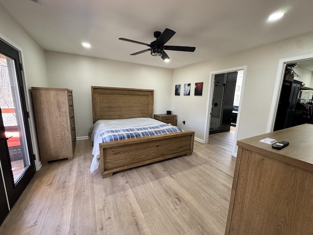 bedroom with baseboards, recessed lighting, and light wood-style floors