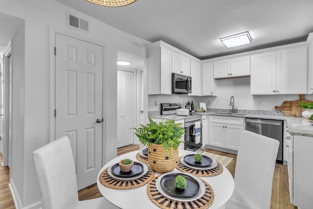 kitchen featuring visible vents, light wood-style flooring, appliances with stainless steel finishes, white cabinetry, and a sink