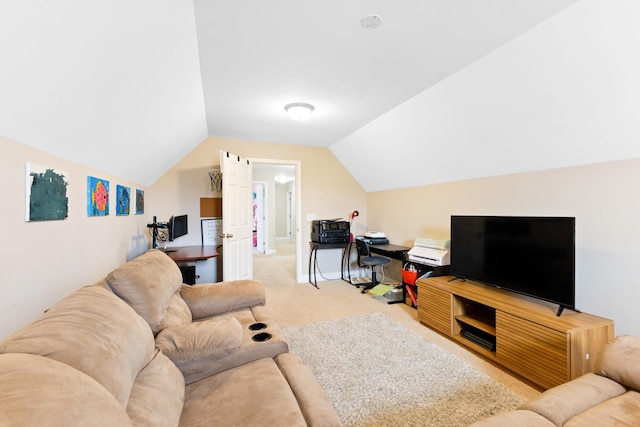 living room featuring lofted ceiling and carpet floors