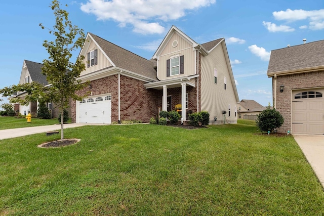 traditional home with board and batten siding, brick siding, driveway, and a front lawn