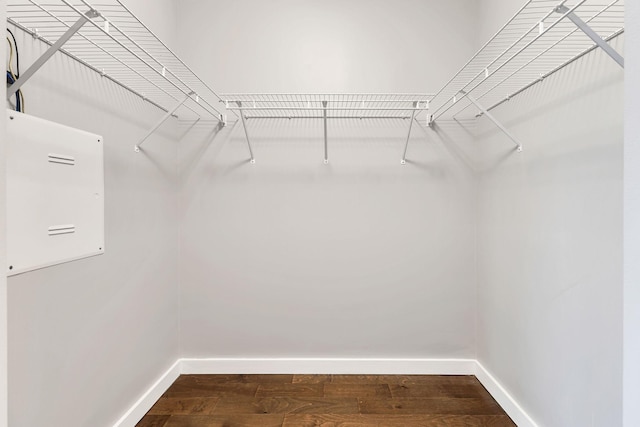 spacious closet with dark wood finished floors