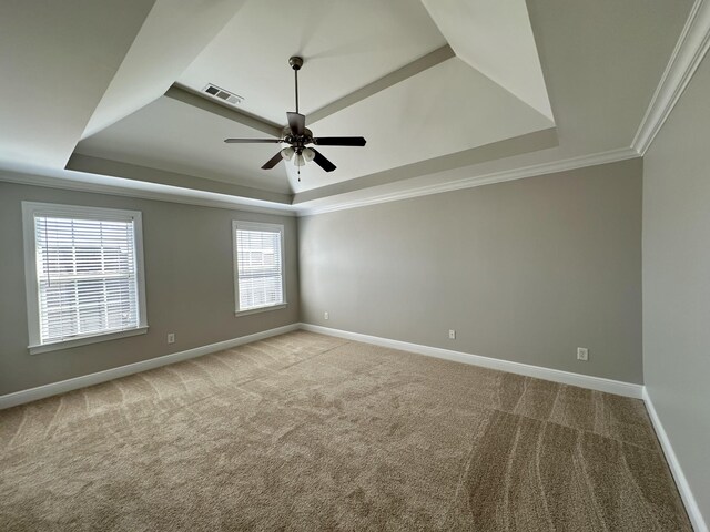 spare room with a raised ceiling, carpet flooring, visible vents, and baseboards