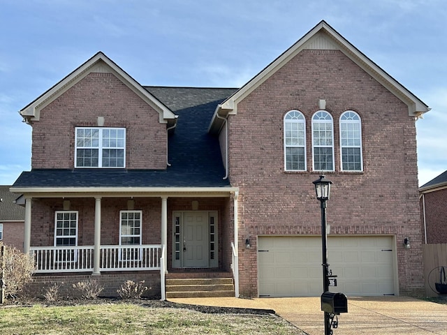 traditional-style home with covered porch, brick siding, and an attached garage