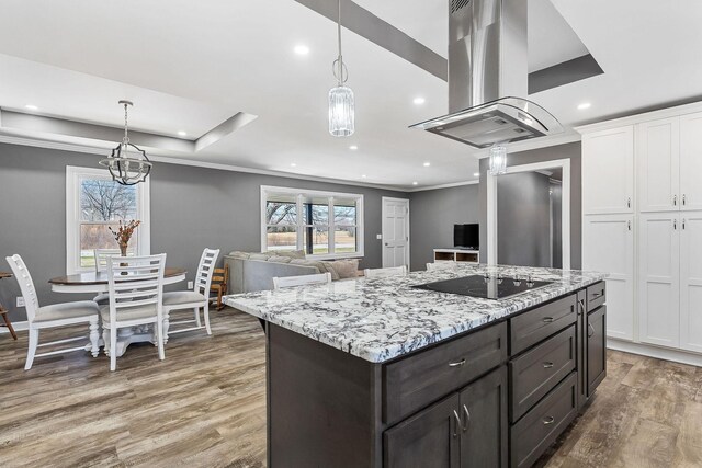 kitchen featuring light wood-style flooring, black electric cooktop, white cabinetry, a wealth of natural light, and island exhaust hood