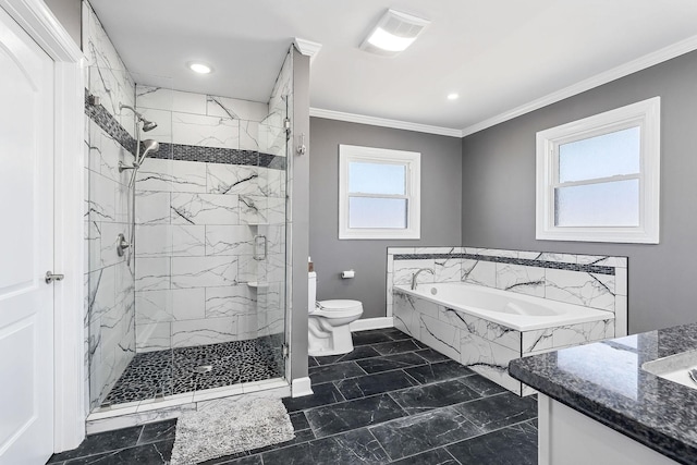 bathroom featuring a garden tub, ornamental molding, a marble finish shower, and toilet