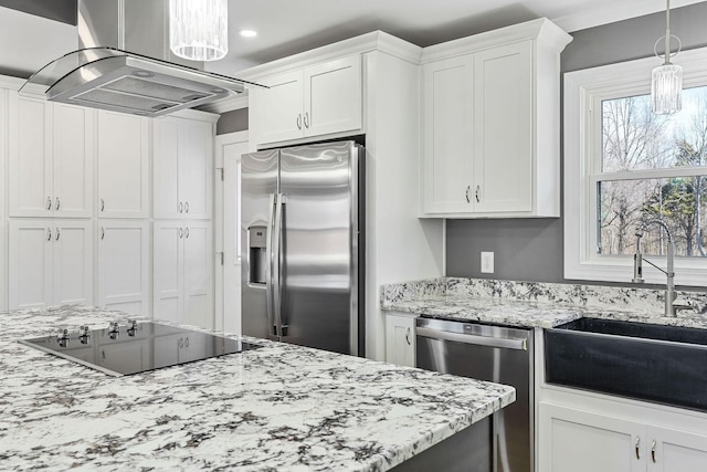 kitchen with white cabinets, appliances with stainless steel finishes, ventilation hood, and a sink