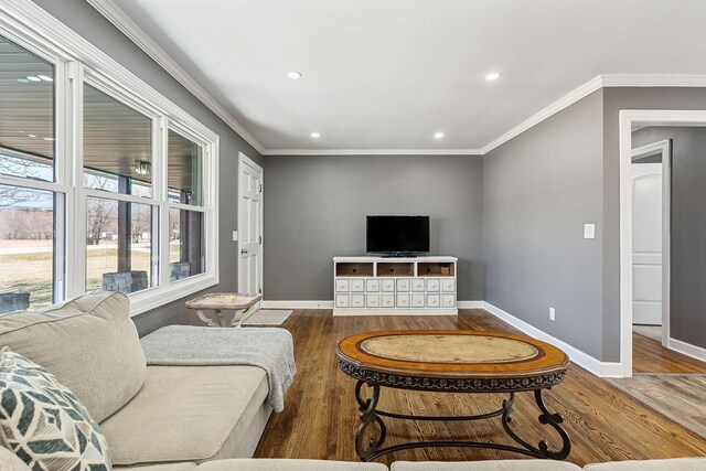 living area featuring crown molding, baseboards, and wood finished floors