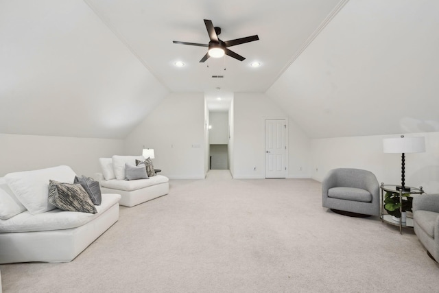 sitting room with lofted ceiling, recessed lighting, a ceiling fan, carpet flooring, and baseboards