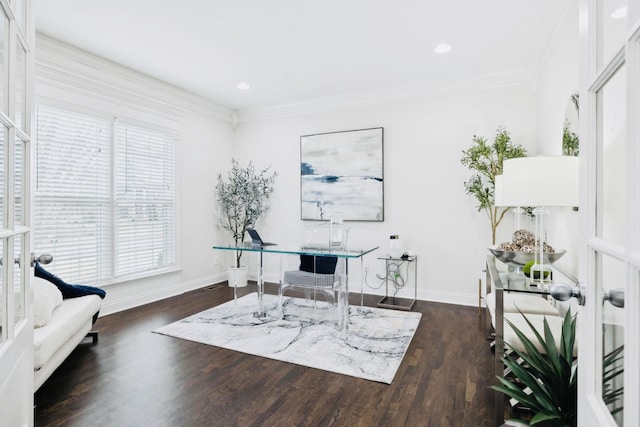 office space featuring ornamental molding, recessed lighting, dark wood-type flooring, and baseboards