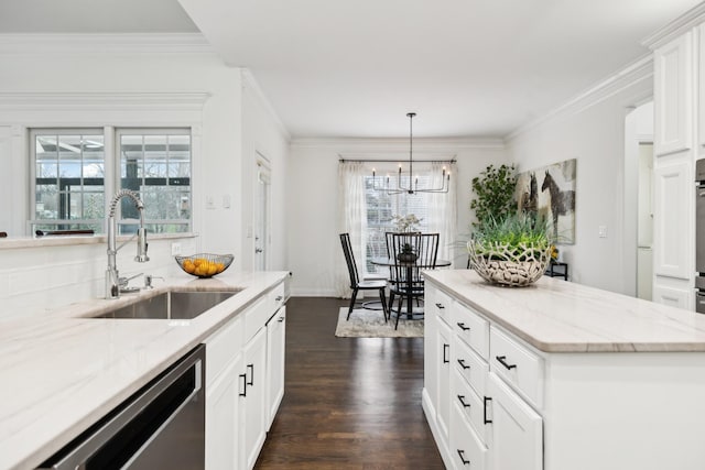 kitchen featuring dark wood-style floors, stainless steel dishwasher, a sink, and crown molding