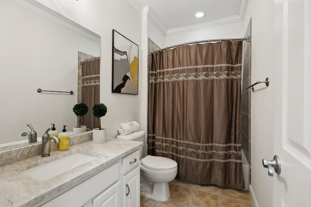 full bathroom with toilet, shower / tub combo, vanity, ornamental molding, and tile patterned floors