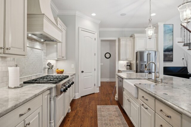 kitchen with dark wood finished floors, custom range hood, stainless steel appliances, crown molding, and a sink