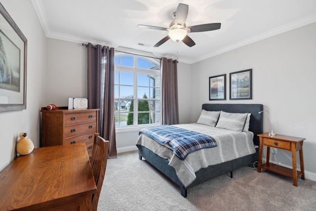 bedroom featuring ceiling fan, visible vents, baseboards, ornamental molding, and carpet