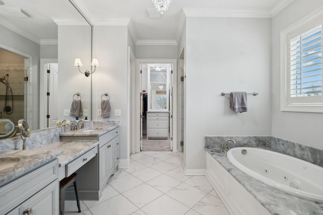 full bathroom with marble finish floor, ornamental molding, and a stall shower