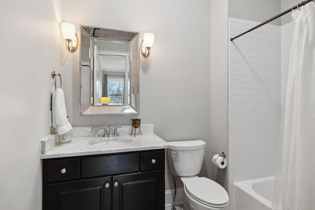 bathroom featuring toilet, shower / bath combination with curtain, and vanity