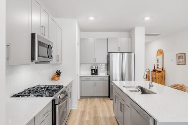 kitchen featuring visible vents, appliances with stainless steel finishes, light countertops, light wood-style floors, and a sink