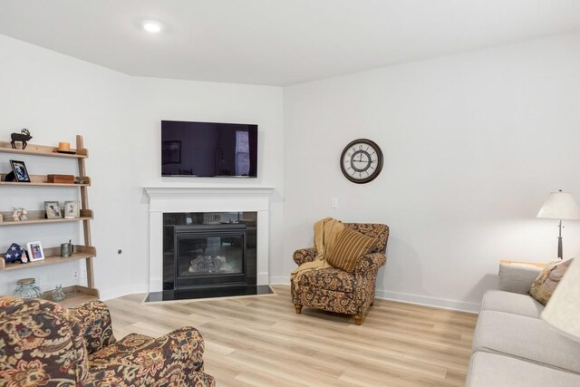 living room featuring a fireplace with flush hearth, baseboards, and wood finished floors