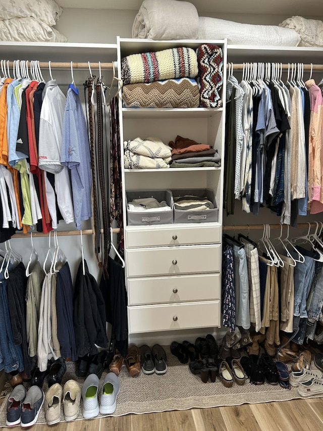 walk in closet with wood finished floors