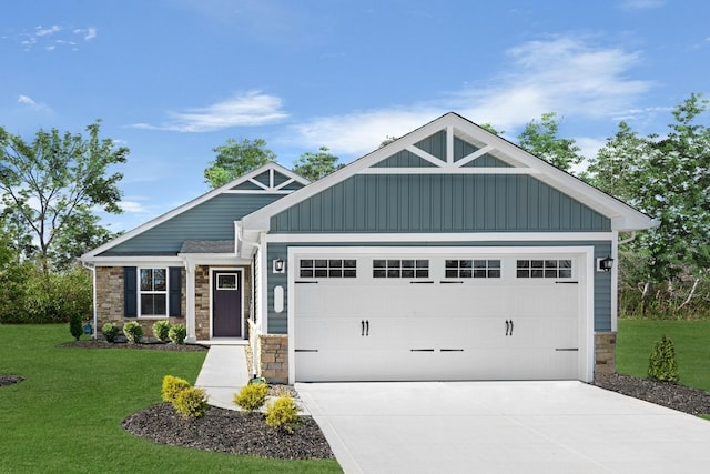 craftsman-style home featuring driveway, stone siding, an attached garage, and a front yard