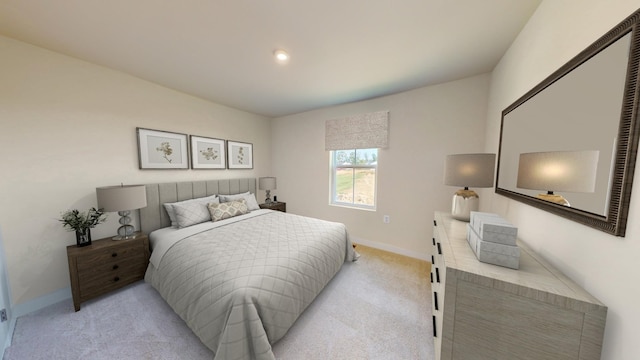 bedroom featuring light carpet and baseboards