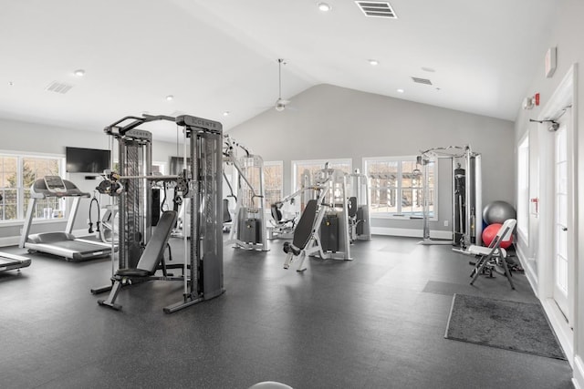 gym with visible vents, vaulted ceiling, baseboards, and ceiling fan