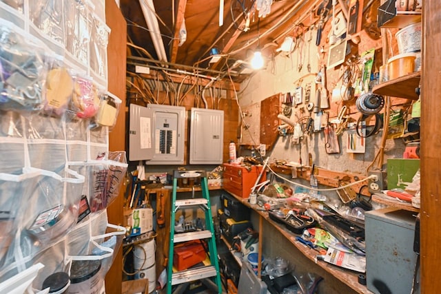 interior space featuring a workshop area and electric panel