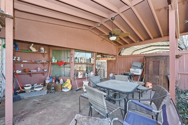 view of patio / terrace with outdoor dining space, fence, grilling area, and ceiling fan