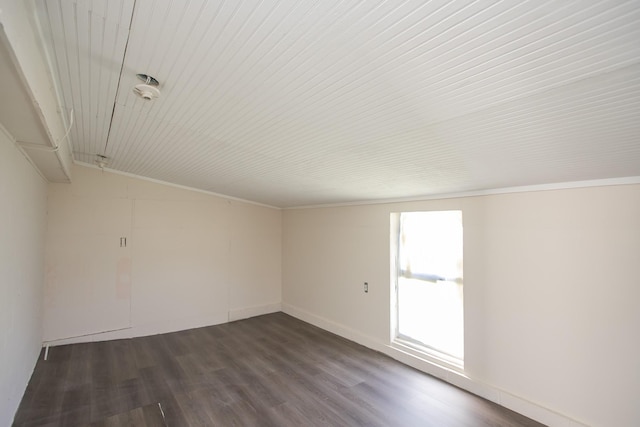 unfurnished room featuring dark wood-type flooring and lofted ceiling