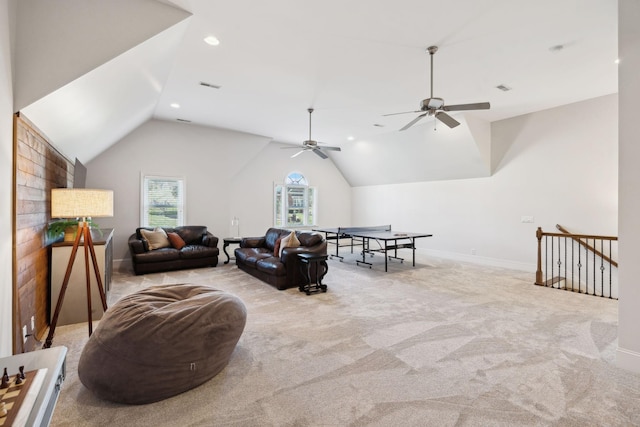 game room featuring lofted ceiling, recessed lighting, visible vents, carpet flooring, and baseboards