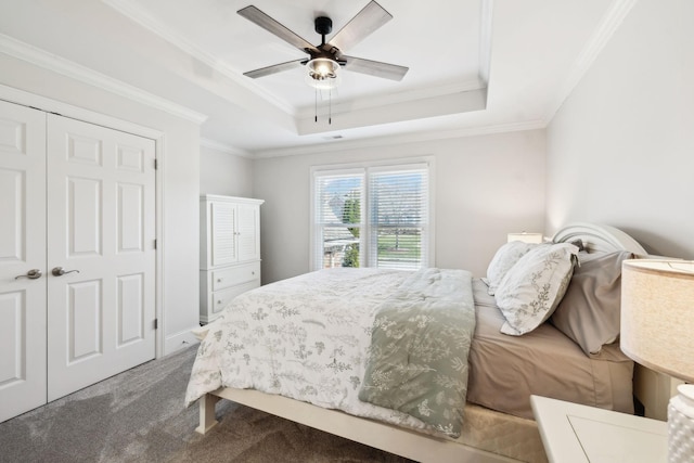 bedroom featuring ceiling fan, a closet, a tray ceiling, carpet, and crown molding