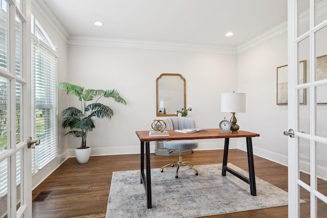 home office featuring baseboards, ornamental molding, dark wood finished floors, and french doors