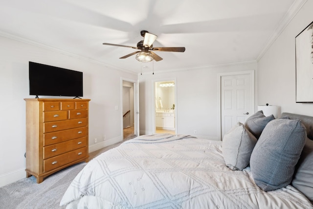 bedroom with a ceiling fan, baseboards, crown molding, and light colored carpet