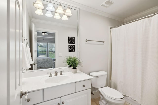 ensuite bathroom with visible vents, toilet, ornamental molding, ensuite bathroom, and vanity