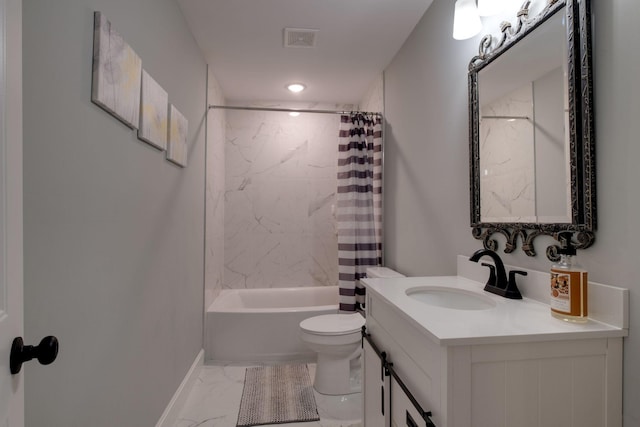 bathroom with marble finish floor, visible vents, toilet, shower / bath combo with shower curtain, and vanity