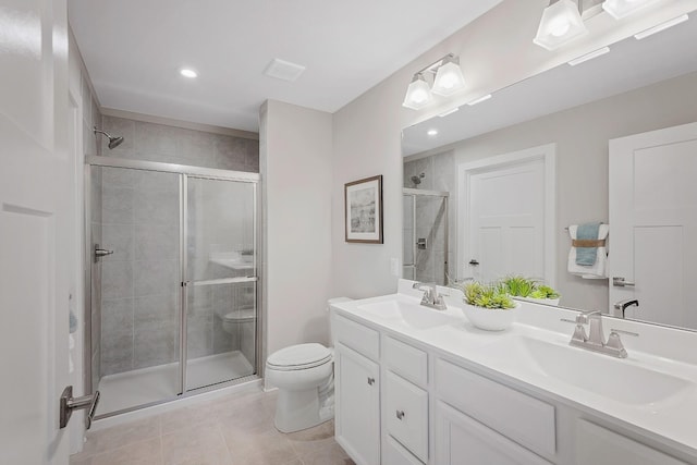 bathroom featuring visible vents, a sink, a shower stall, and toilet