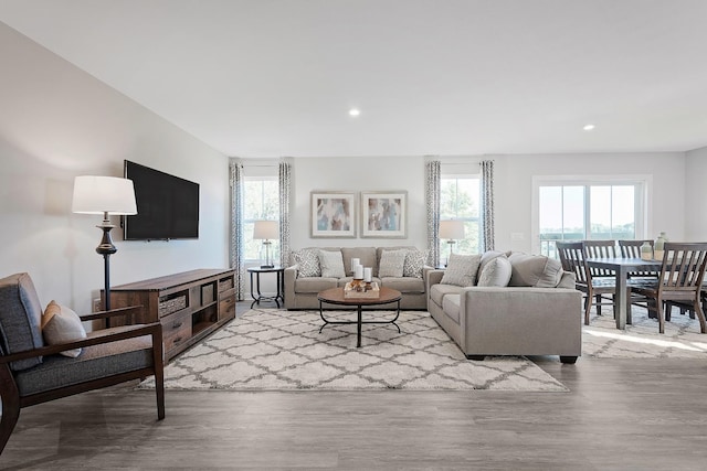 living room featuring recessed lighting and wood finished floors