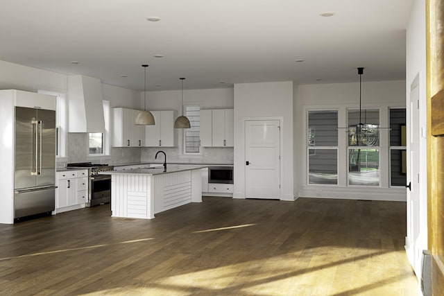 kitchen with white cabinets, premium appliances, dark wood-style floors, wall chimney range hood, and a sink