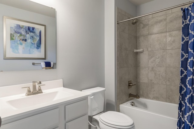 bathroom featuring toilet, shower / bathtub combination with curtain, and vanity