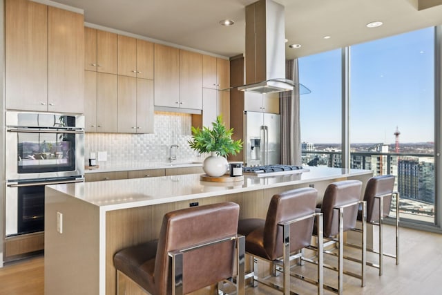 kitchen featuring backsplash, light wood-style flooring, appliances with stainless steel finishes, a kitchen island, and island range hood