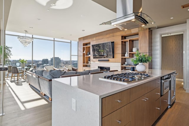 kitchen with wood finished floors, appliances with stainless steel finishes, a center island, expansive windows, and island exhaust hood