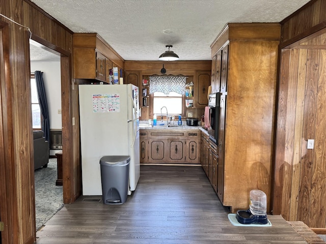 kitchen featuring dark wood finished floors, light countertops, brown cabinetry, freestanding refrigerator, and a sink