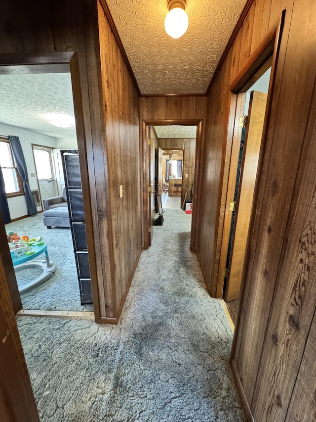 hallway featuring carpet floors, wood walls, and a textured ceiling