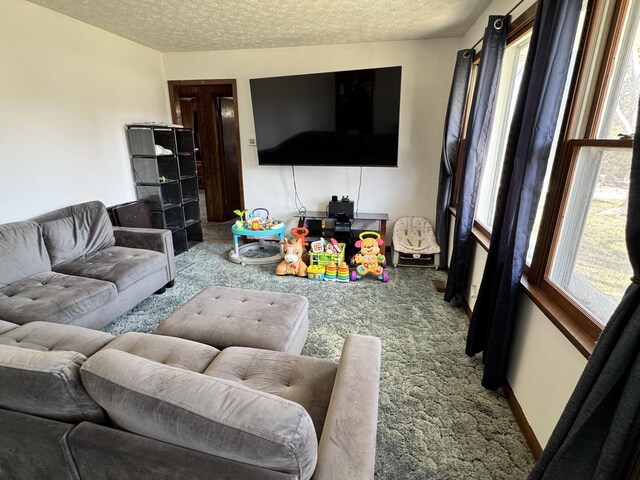 living room featuring carpet flooring, a textured ceiling, and baseboards