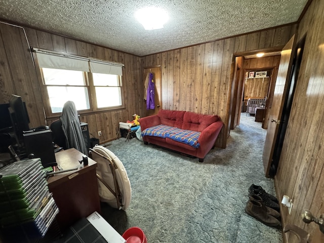 living area with carpet, wood walls, and a textured ceiling