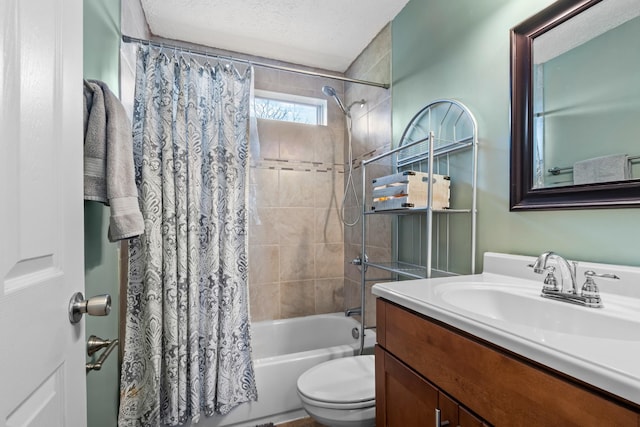 full bathroom with toilet, a textured ceiling, shower / tub combo with curtain, and vanity