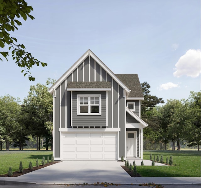 view of front of home featuring a shingled roof, a garage, driveway, and a front lawn