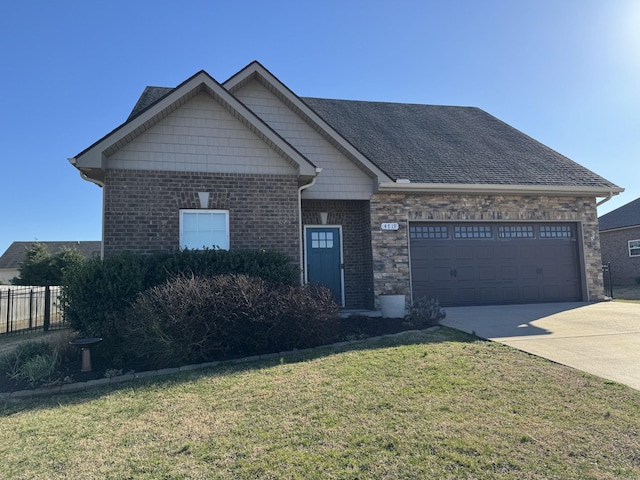 view of front of house featuring brick siding, a front lawn, fence, concrete driveway, and an attached garage