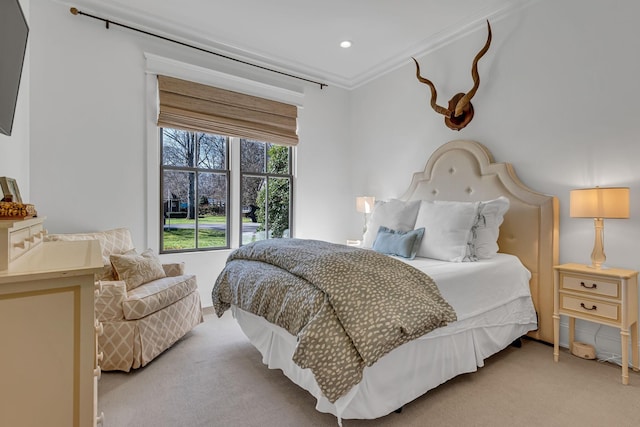 bedroom featuring ornamental molding, carpet, and recessed lighting