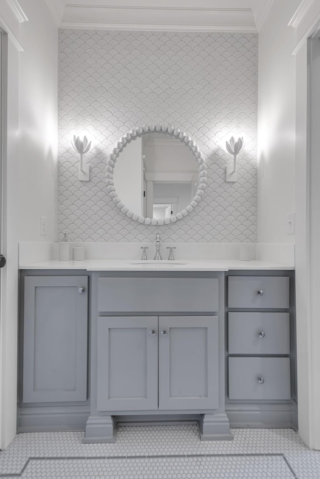 bathroom featuring ornamental molding, tile patterned flooring, vanity, and decorative backsplash